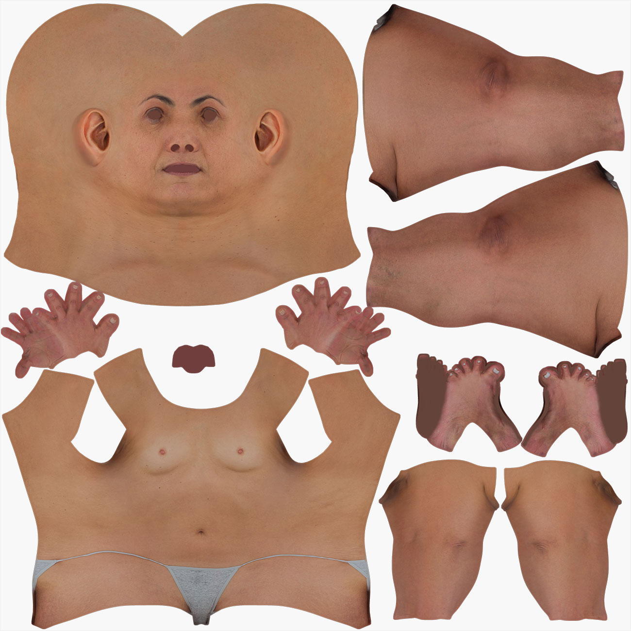 UV map layout for a female 3D body scan showing low-distortion texture unwrap across the full mesh